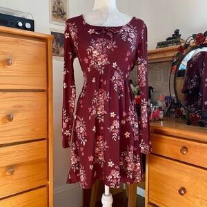 Cottagecore Peasant Dark Red Burgundy Floral Long Sleeve Mini Dress